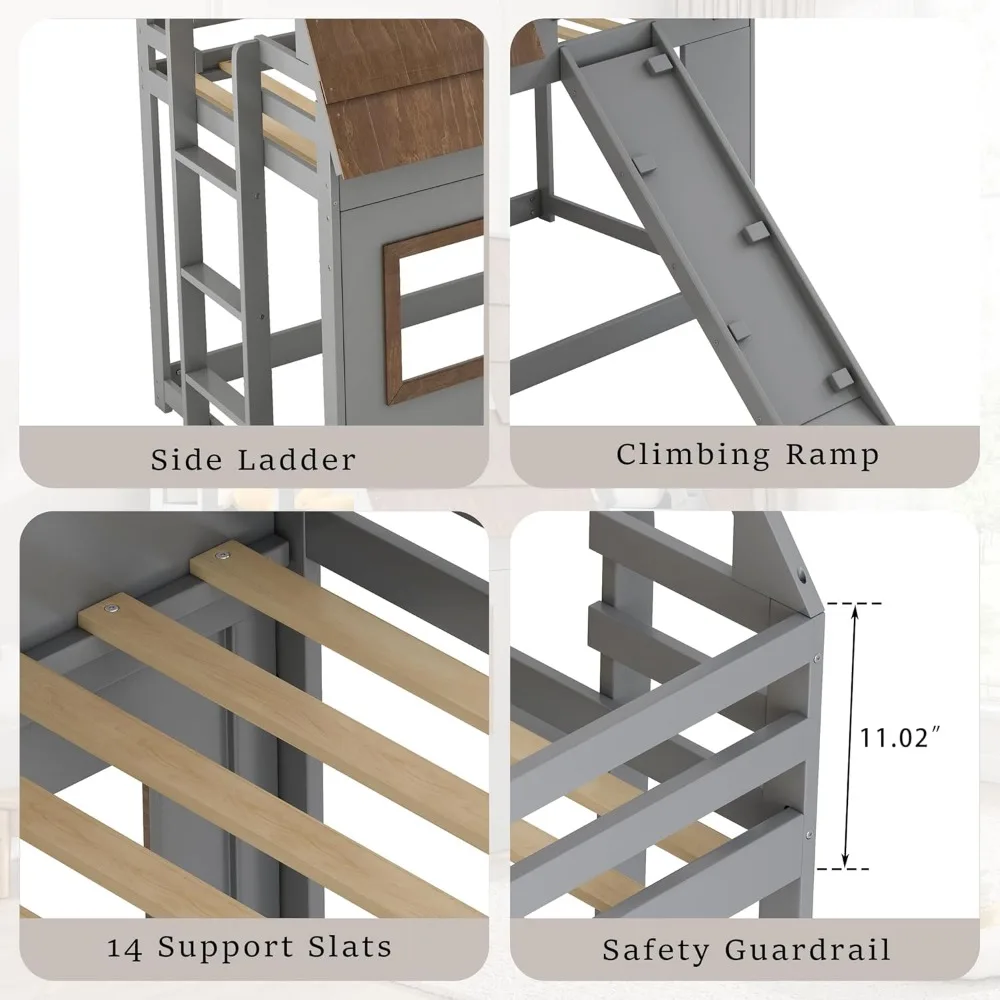 Beliche duplo sobre casa dupla para crianças, estrutura de beliche de madeira com design de telhado de janela e guarda-corpo, beliche de chão montessori fra