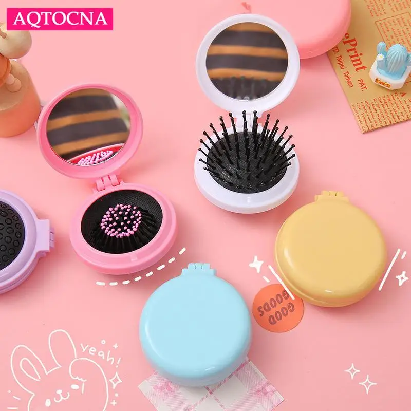 1PC Mini Hair Comb With Mirror Foldable Comb Travel Portable Massage Women Girl Hair Brush Macaron Airbag Comb Styling Tools