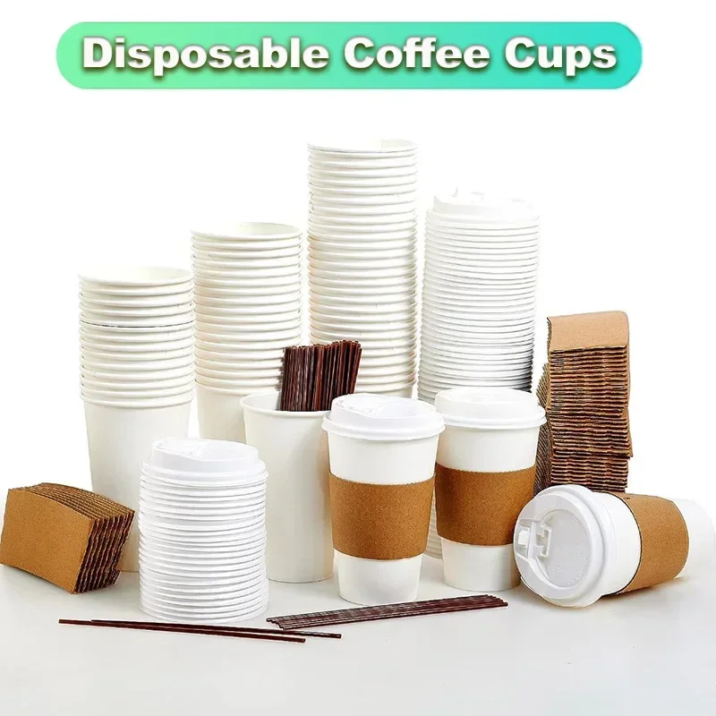 50pcs 16oz Disposable Coffee Cup Set Thickened Odorless Coffee Paper Mug Insulate Cup Sleeve with Lid Package Espresso Coffeewar