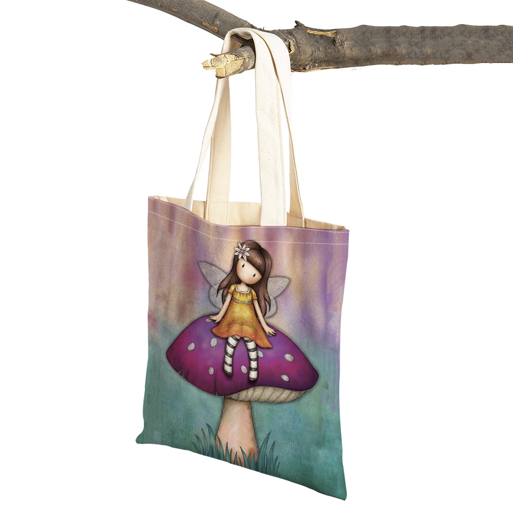 Double Print Fashion Cute Cartoon Little Girl Women Shopping Bag Linen Children Gift Tote Handbag Lady Shopper Bags