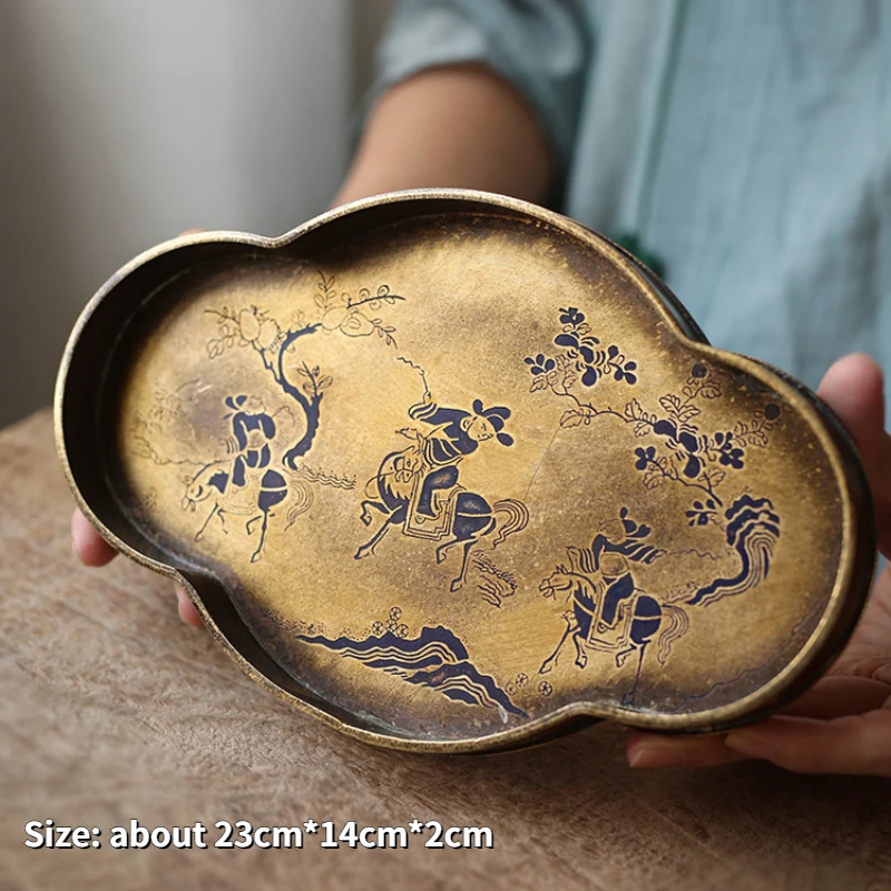 銅製 茶器 茶盤 トレイ 茶道具 装飾品 工芸品 置物 古代銅のティートレイの模造品、純粋な手作りのラッカー、絵画トレイ