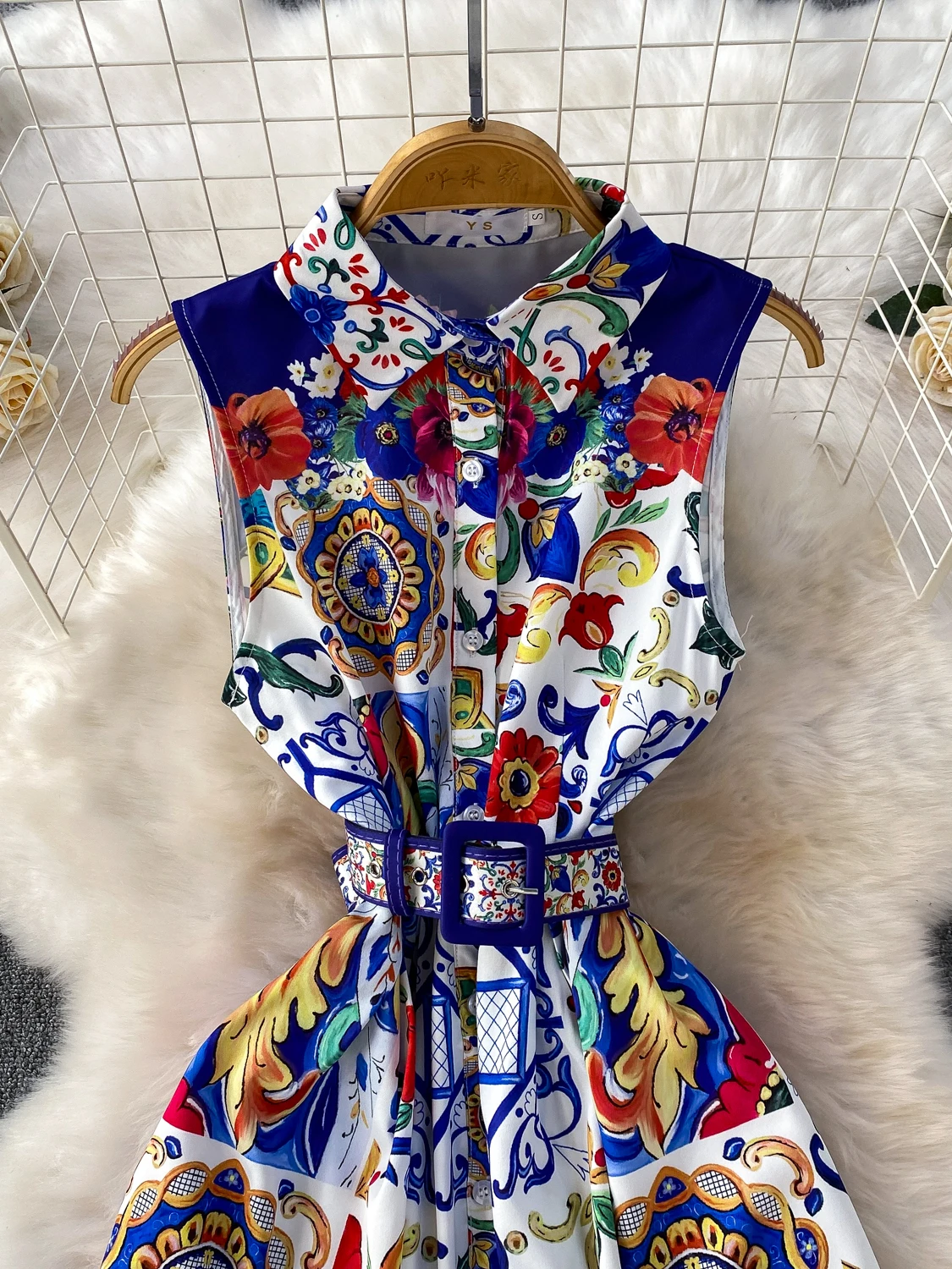 Retro Floral Print Turn-down Collar Svel Dr Women's Waist-cinching Slimming Long Satin A-line Dr for Parties