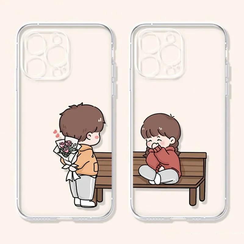 Young Girl Boy Couple Paired Phone Case For Samsung Galaxy S24 S23 S22 Ultra Plus Clear Cover S22+ S23+ S24+ Lovers Fundas Skin