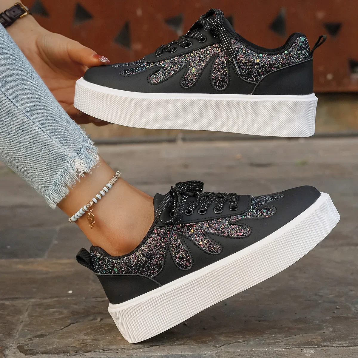 Shiny Diamond Sequin Thick Bottom Casual Shoes Women's Low Top Sneakers round Toe Mesh Lining Rubber Sole Comfortable Summer