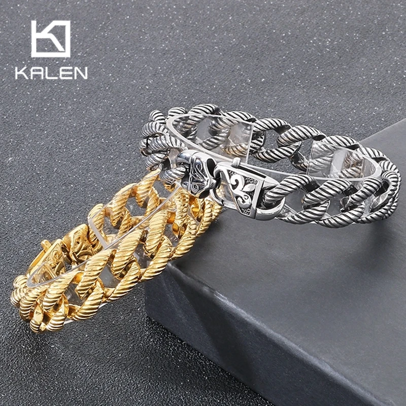 

kalen 16mm Wide Stainless Steel Link Chain Bracelet for Men Vintage Totem Twisted Jewelry Personalized Accessory Golden Gift