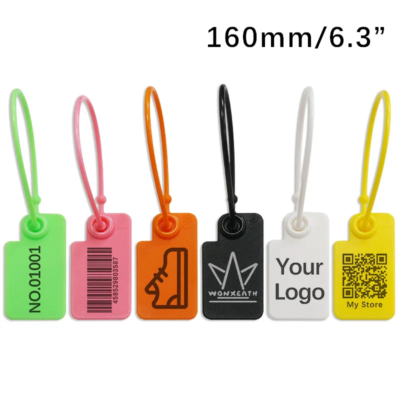 100 Stück personalisierte Markenanhänger für Kleidung, personalisierte Kunststoff-Sicherheitssiegel für Kleidung, Schuhe, Taschen, Logo-Etiketten, 160 mm – Detail 1
