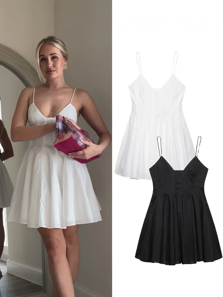 เดรสแฟชั่นฤดูร้อนสำหรับผู้หญิง คอวี สายเดี่ยว ผ้าป๊อปลินสีพื้น เดรสสั้นทรงวินเทจ จีบรูดข้าง ซิปด้านข้าง รุ่นปี 2025