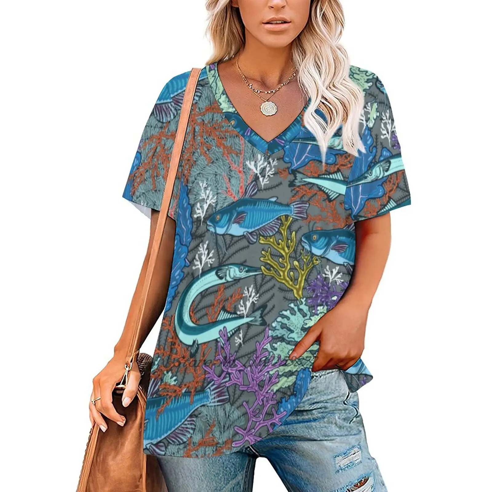 Aquarium Life Women's Clothing V-Neck Tops Zipper Tee Ladies Casual Sexy T-Shirt Ocean Coral Reef River Fish Swordfish Garfish