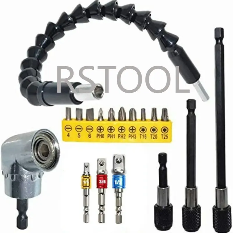 18pcs Universal Chrome-vanadium Steel Power Tool Parts, Flexible 105 Degree Right Angle Drill Bit Extension Socket Adapter Set