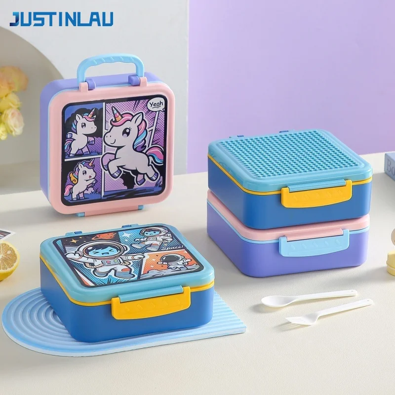 JUSTINLAU 1 Piece Cartoon Building Blocks Children's Anime Bento Box 3 Grid Meal Box Fruit Salad Snack Fork Spoon Container