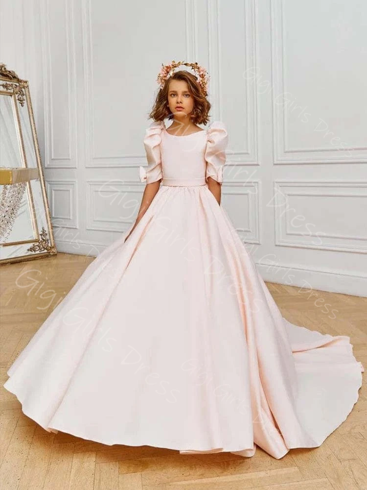 Vestido de comunhão sagrada de cetim rosa com arcos, decote redondo, mangas bufantes, trem de escova, vestido de menina de flor, vestido de festa de casamento personalizado para crianças