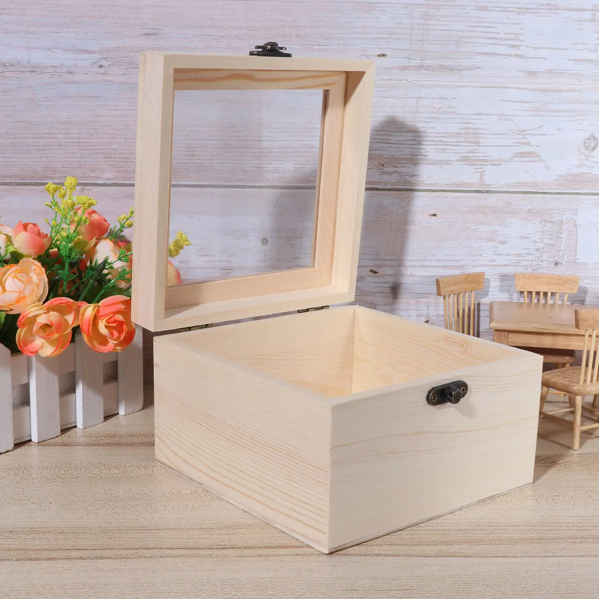 Everlasting Flower Wooden Gift Box Premium Rustic Rectangular DIY Storage Case for Decoration Light Yellow 15x15x10cm Wooden