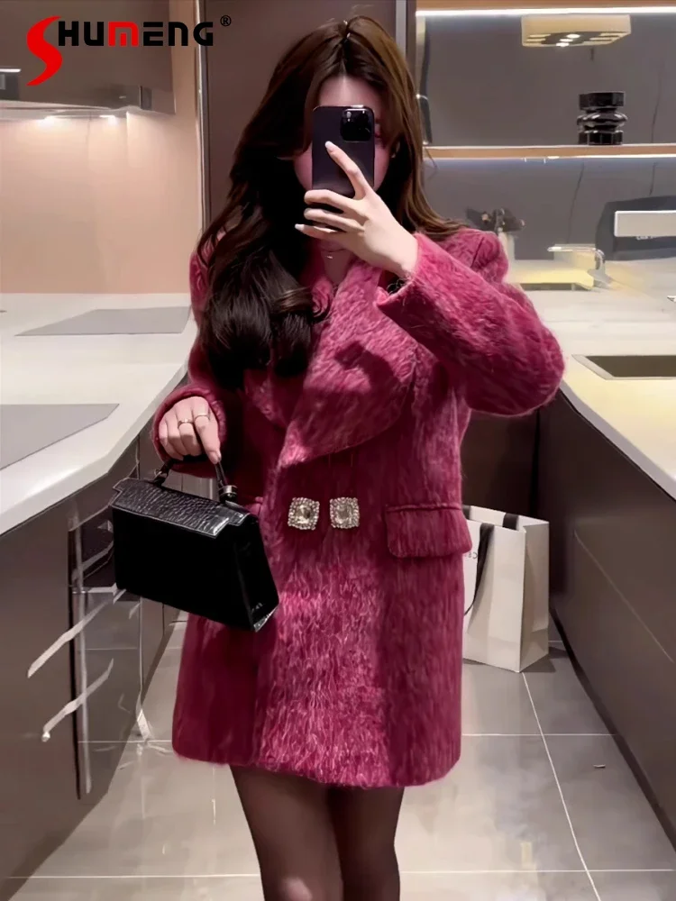 

Feminine Solid Color High-end Woolen Blazers Women's 2024 Winter New Rhinestone Buckle Thickened Long Sleeve Tailored Coat Tops