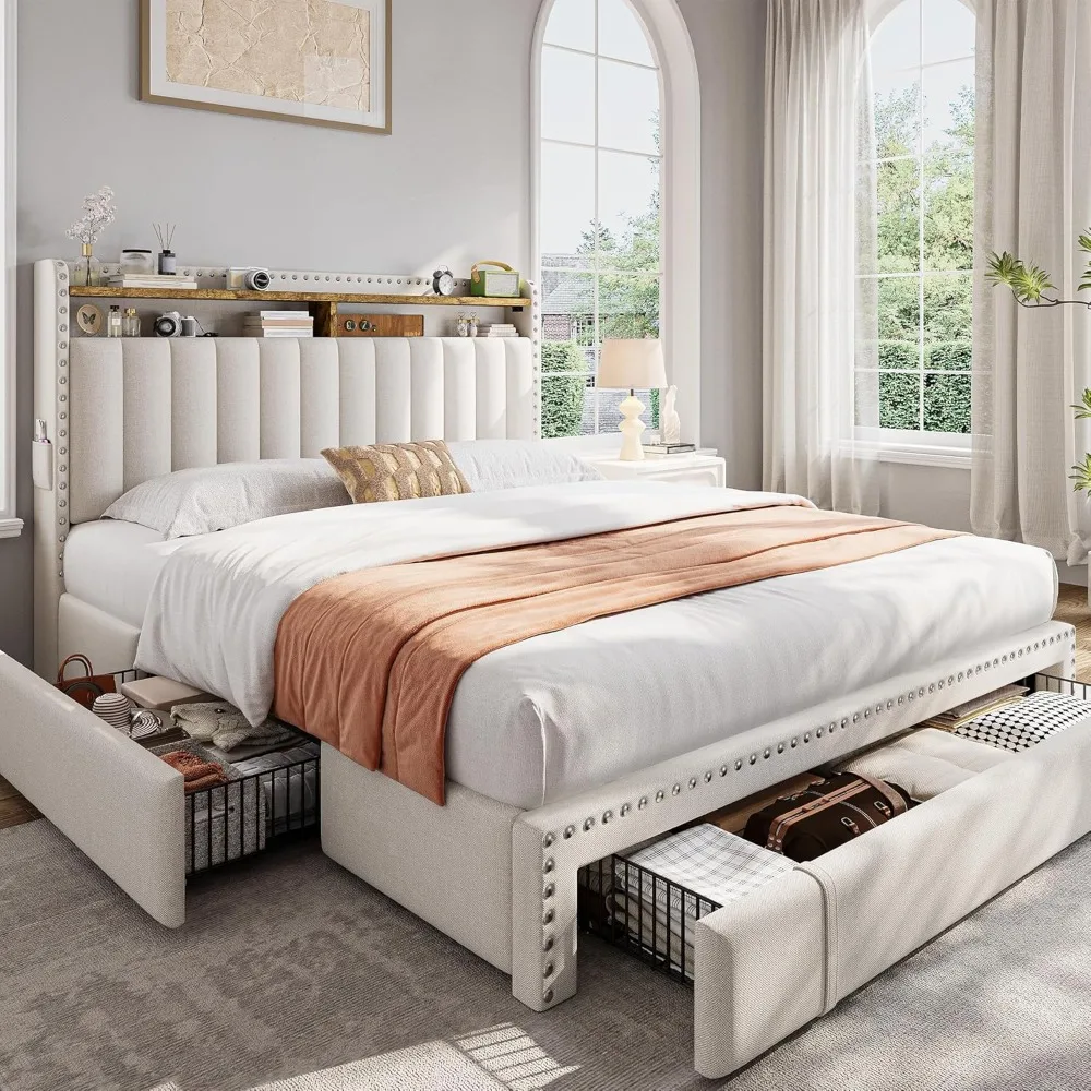 إطار سرير منجد بحجم كوين مع أدراج تخزين ولوح رأسي من طبقتين، وسرير بمنصة دعم شرائح خشبية