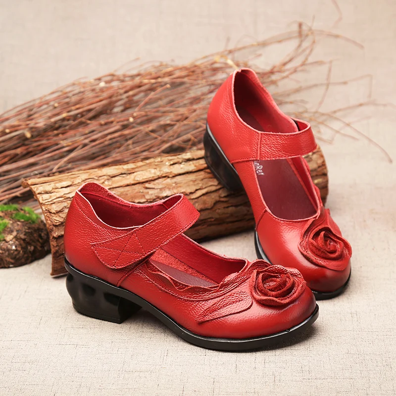 

High Quality Red Leather Sandals Women Vintage Mary Jane Shoes Low Heels Sandal Summer Ladies Floral Comfort Sandalias Mujer ﻿