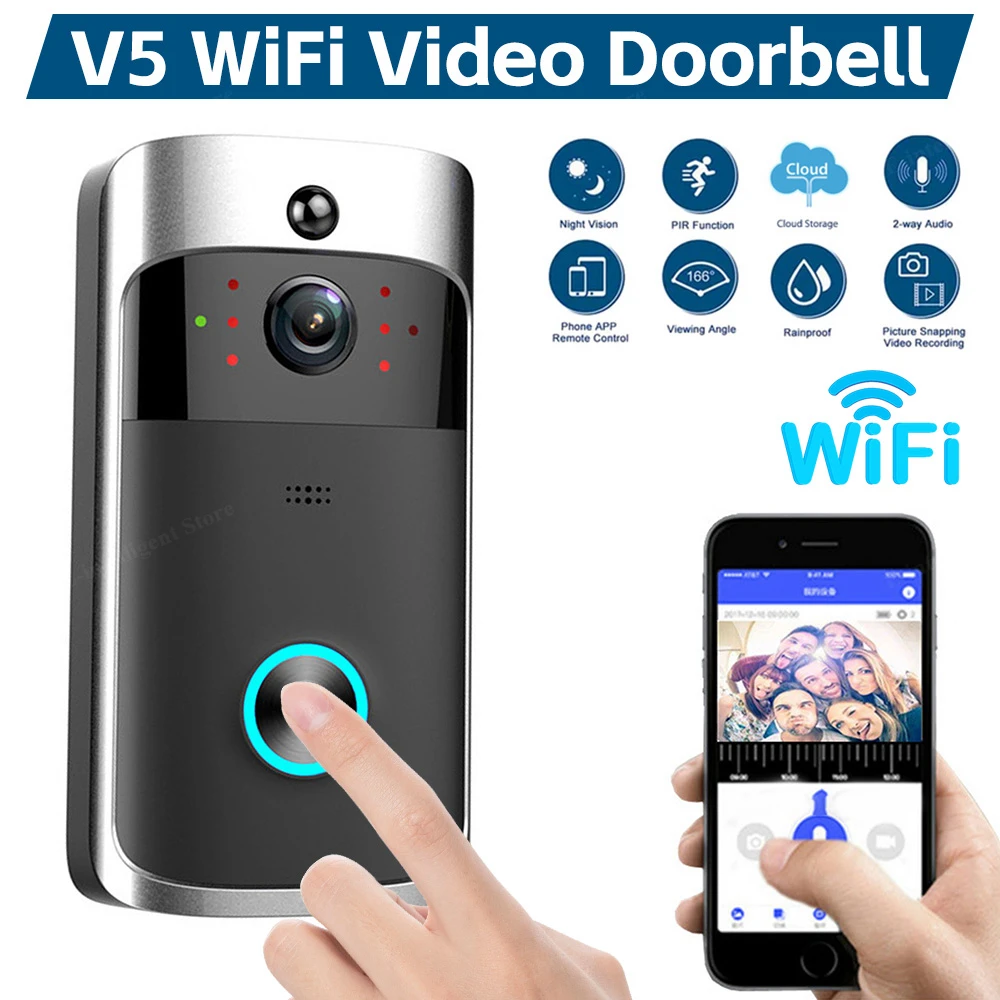 V5 Wireless Smart Doorbell Video Door Bell Wifi Night Vision 720P HD Indoor Smart Camera Motion Sensing with Noise Canceling Mic