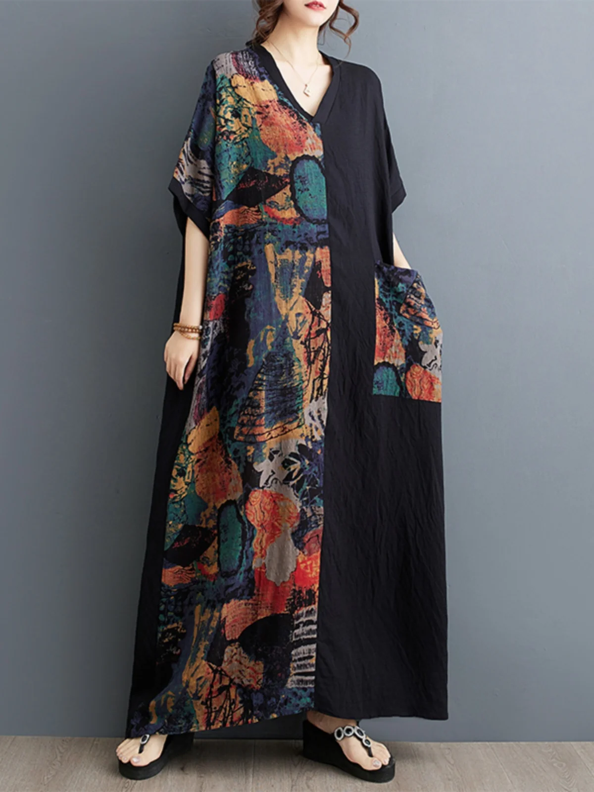 

Новинка лета, большие размеры, длинный V-Ne ort Sve, хлопок и лен с принтом, для похудения, цветная блузка, повседневная свободная посадка для поездок на работу