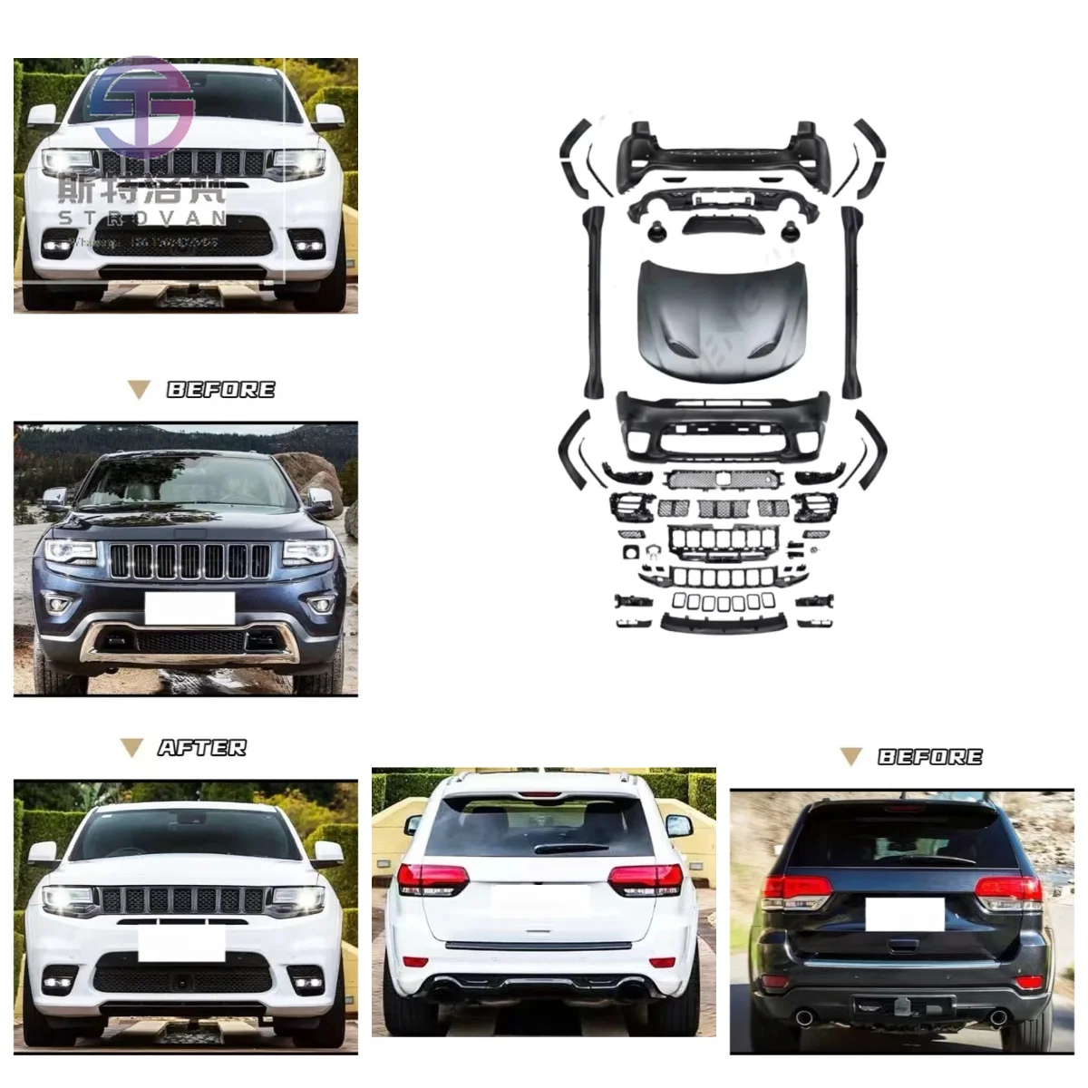 Body Kit with Front and Rear Bumper and Grille Hood Side Skirts for JEEP GRAND CHEROKEE 2014-2022 Change to SRT Model