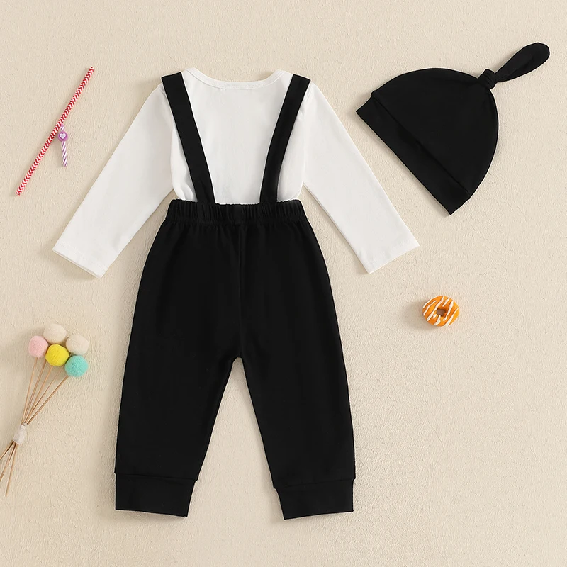 Baby Boy New Year Outfit Letter Print Long Sleeve Rompers and Star Print Overalls Hat Set Spring 3 Piece Clothes