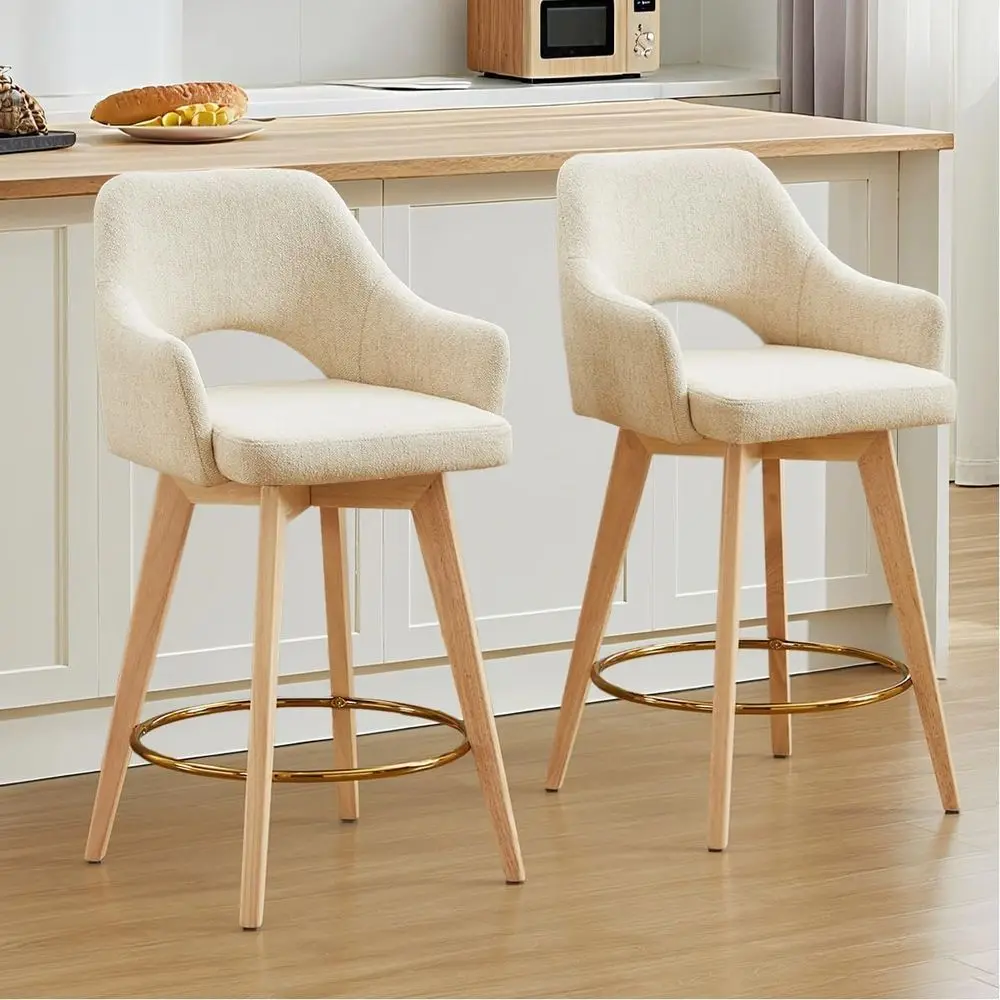 

Set of 2 Wooden Bar Stools, Counter Height with Backrest and Armrest, Beige Upholstered Linen Fabric, Solid Wood Legs and Gold F