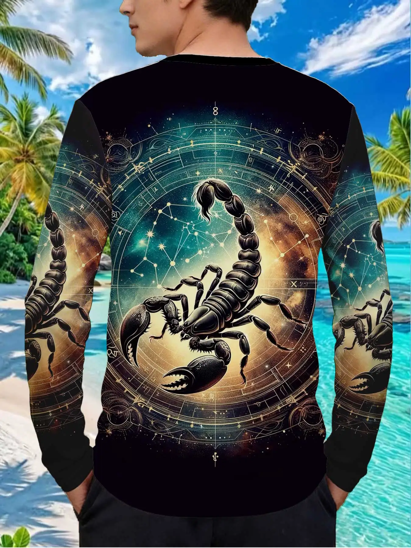 Twelve Constellation Scorpio Star Sky Astrology Mens Polyester Long Sleeve T Shirt Mystic Scorpion Print Graphic Tee Casual Stre