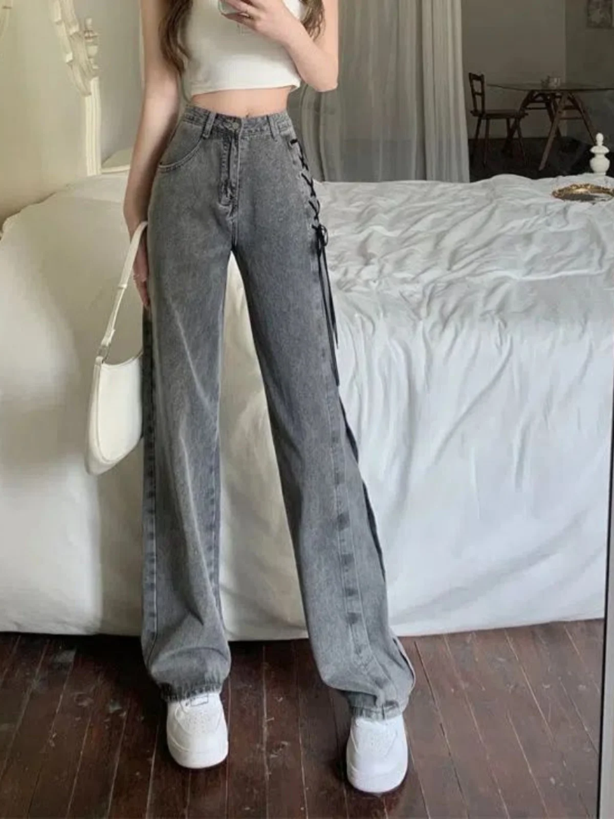 

Джинсы с высокой талией и широкими штанинами, женские весенне-летние модные дизайнерские джинсы Sense Small ence Street Sle, свободный прямой крой