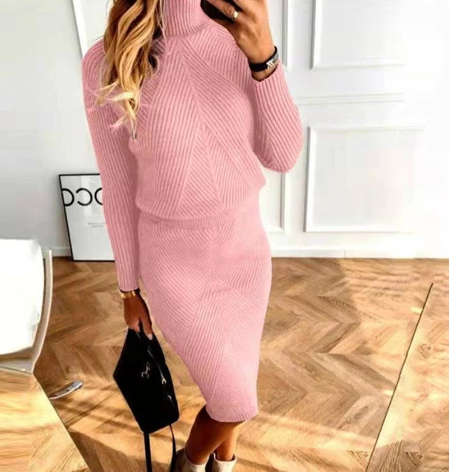 Women's Winter New High Neck Knitted Solid Color Pullover Top & Skirt Set Temperament Commuting Women Sweater Skirts Outfits