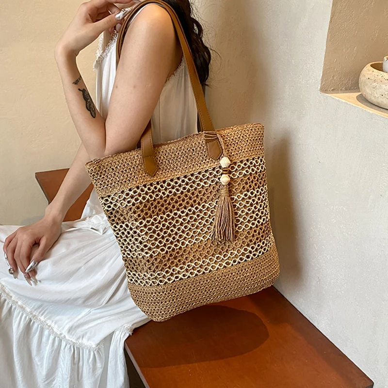 Sommer Stroh Taschen für Frauen Hohe Qualität Rattan Schulter Tasche Reise Handarbeit Gewebt Strand Handtaschen Weibliche Große Kapazität Totes – Detail 11