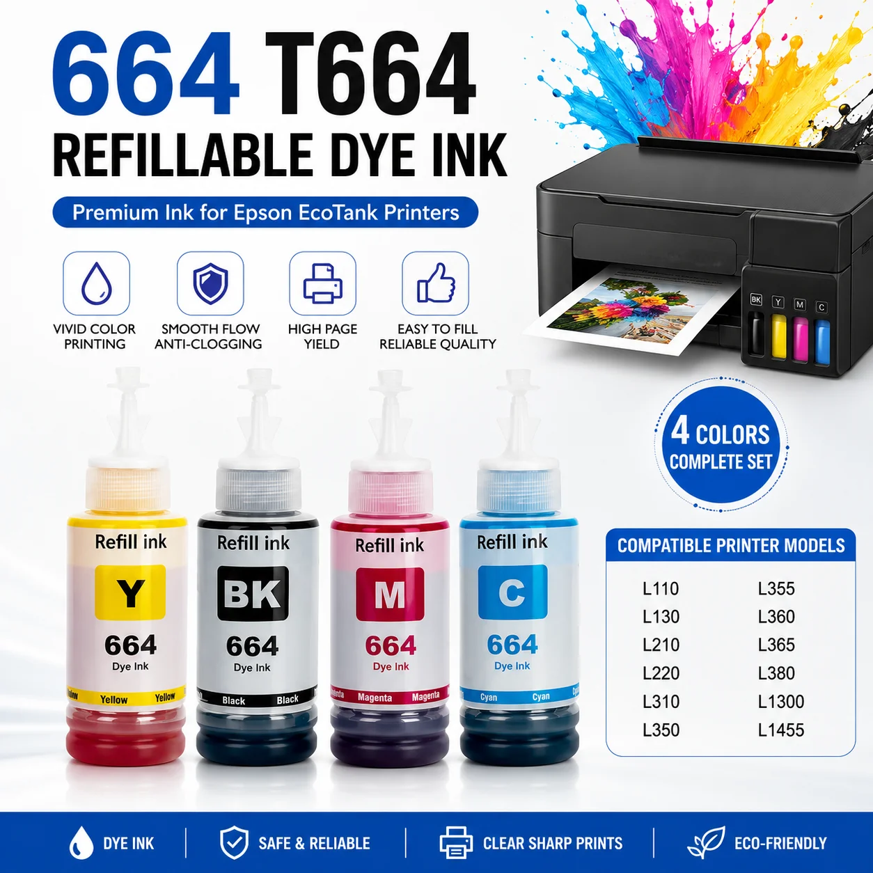 1 Juego de Tinta de Recarga 664 para Epson EcoTank L210 L220 L360 L380 L355 L365 L310 L130 L110 L350 L1300 L1455 T664