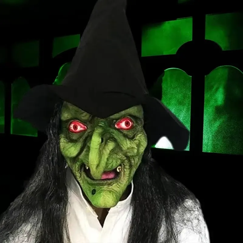 Halloween Horror Old Witch Máscara com Chapéu, Cosplay Assustador, Bruxa Palhaço, Máscaras de Látex, Rosto Verde, Nariz Grande,