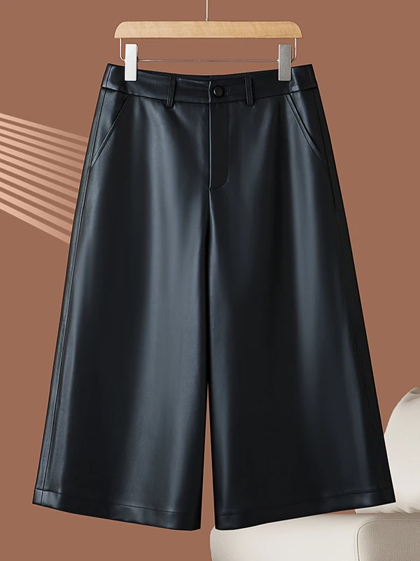 

Кожаные брюки прямого кроя для женщин, с высокой талией, свободные, повседневные, из овчины, осенне-зимние, утягивающие, широкие брюки-кюлоты (7/8 длины)