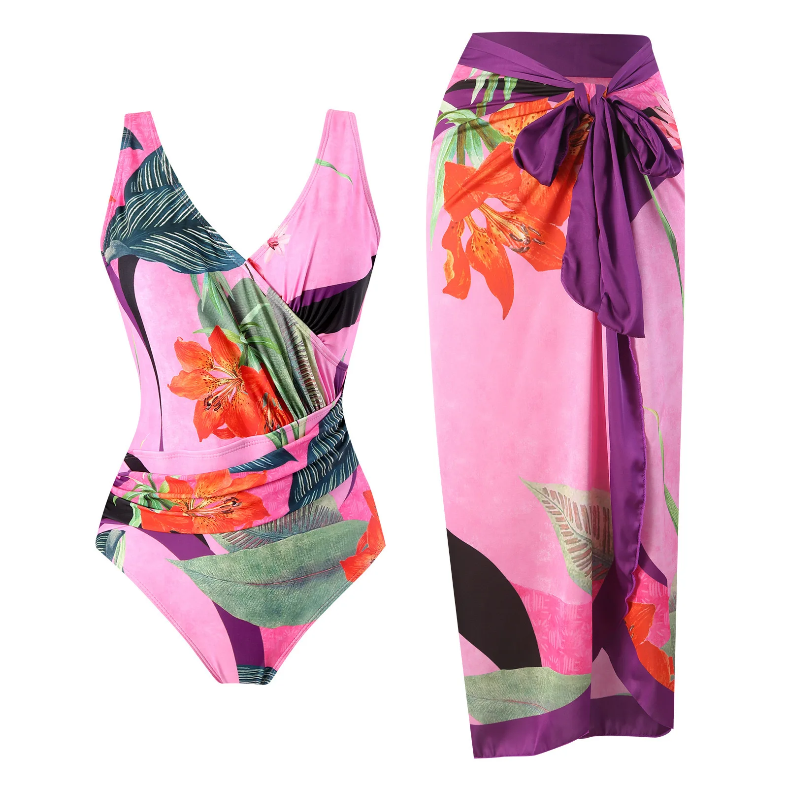 

women's plus sizes swimsuit 2024 vintage elegant push up monokini plus size floral print swimwear with skirt beach clothes dress