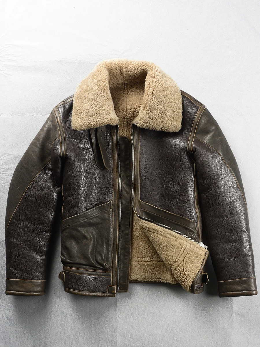 Dark Brown Winter Shearling Jacket Men Retro Military Style Plus Size 6XL Natural Thick Sheepskin Spliced Genuine Leather Coat