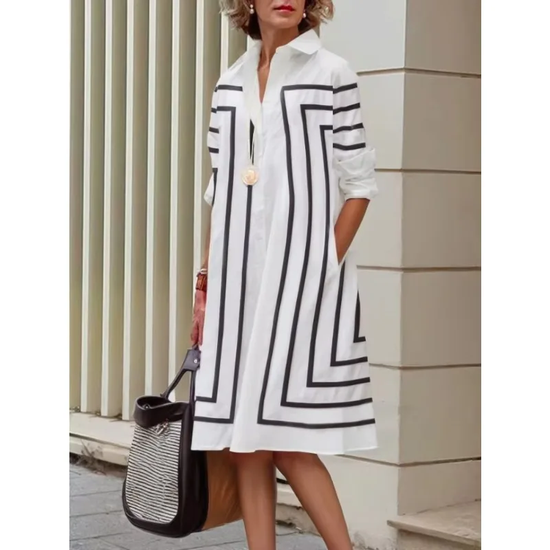 Modigirl Women Autumn Shirt Dress Cotton-Blended Loose Striped H-line Lapel 2024 New Office Ladies Long Sleeve Midi Dresses