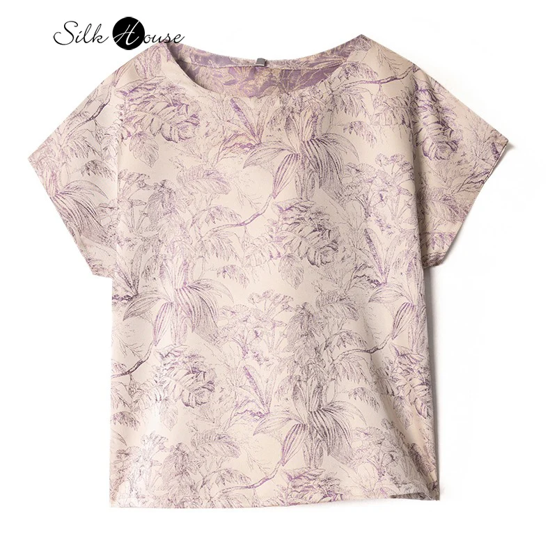 

2025 Women's Summer New Purple Flower Forest Versatile 100% Natural Mulberry Silk Song Brocade Round Neck Short Sleeve T-shirt