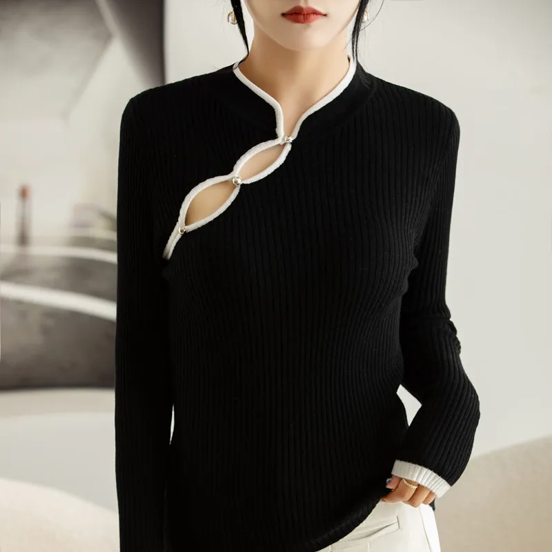 2024 New Chinese style Spring Autumn Cashmere Sweater Women Long Sleeve Cashmere cheongsam style
