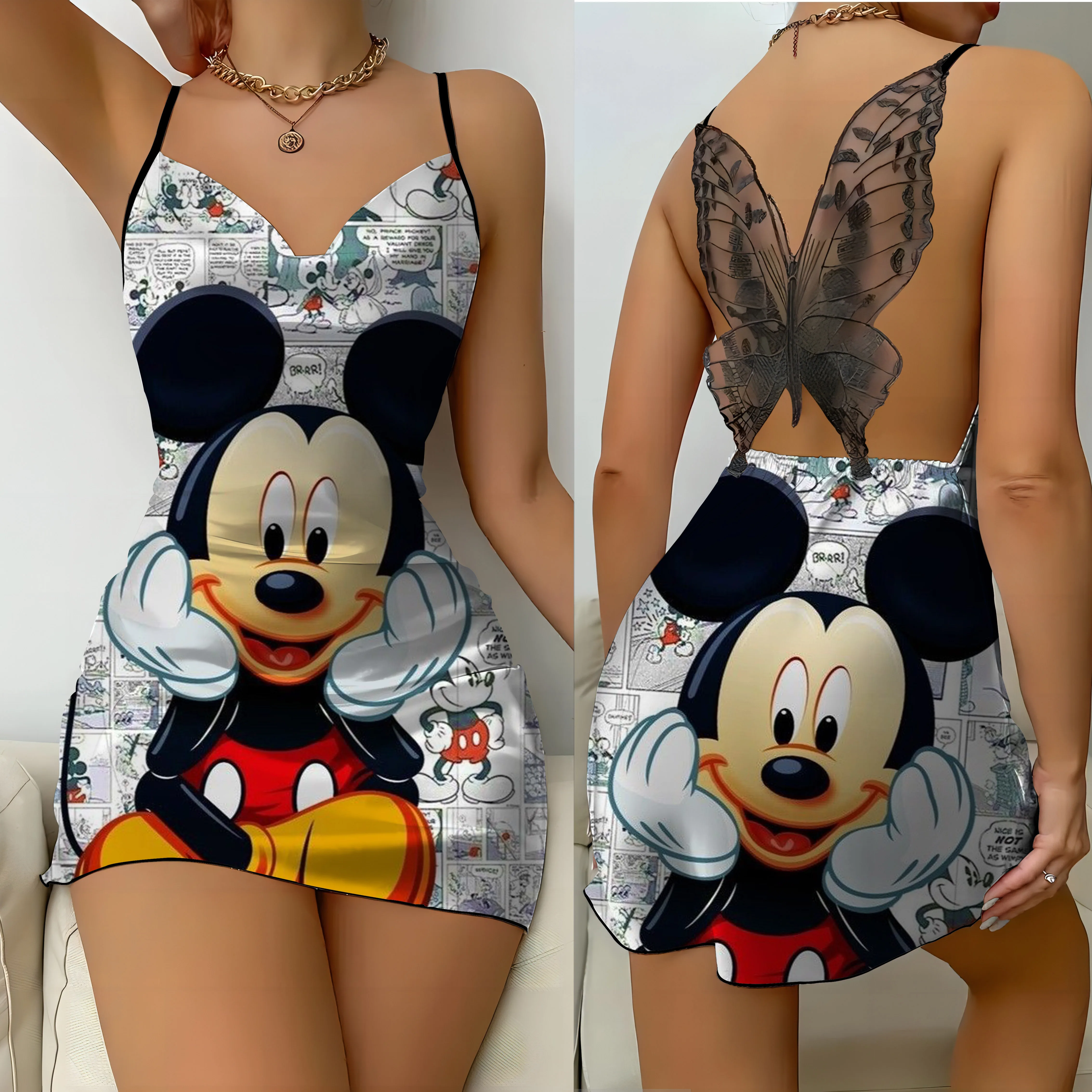 

Mini Dress Womens Dresses Mickey Disney Satin Surface Bow Knot Minnie Mouse Fashion Summer 2024 Women's Elegant Sexy Lace Disney