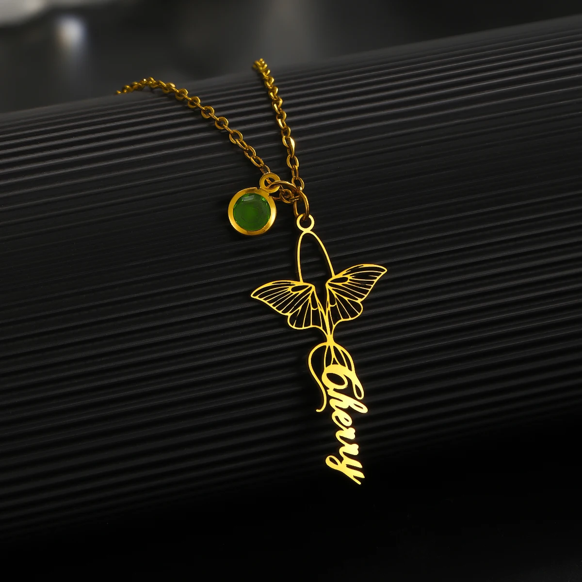 QIAMNI Custom Name Stainless Steel Butterfly Pendant Necklace Punk Moth Birthstone Nameplate Choker Party Halloween Jewelry Gift
