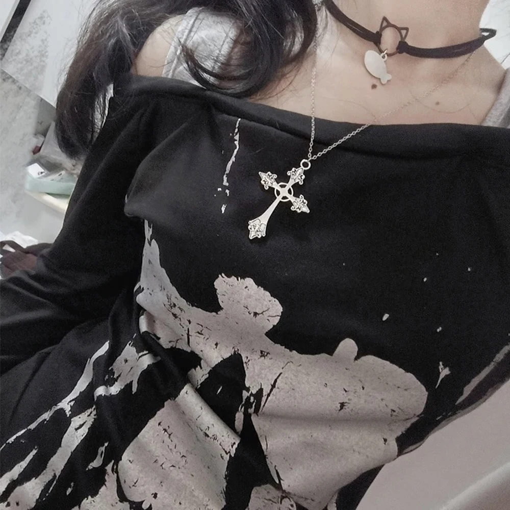 Y2K Fake Two-Piece Retro Top Streetwear Diagonal Collar Skull Print Off Shoulder Gothic Punk T-Shirt Women's Grunge Harajuku