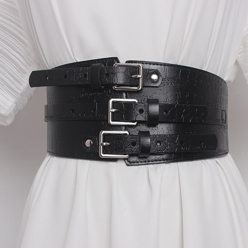 

Women's Runway Fashion Genuine Leather Elastic Cummerbunds Female Dress Corsets Waistband Belts Decoration Wide Belt TB2639