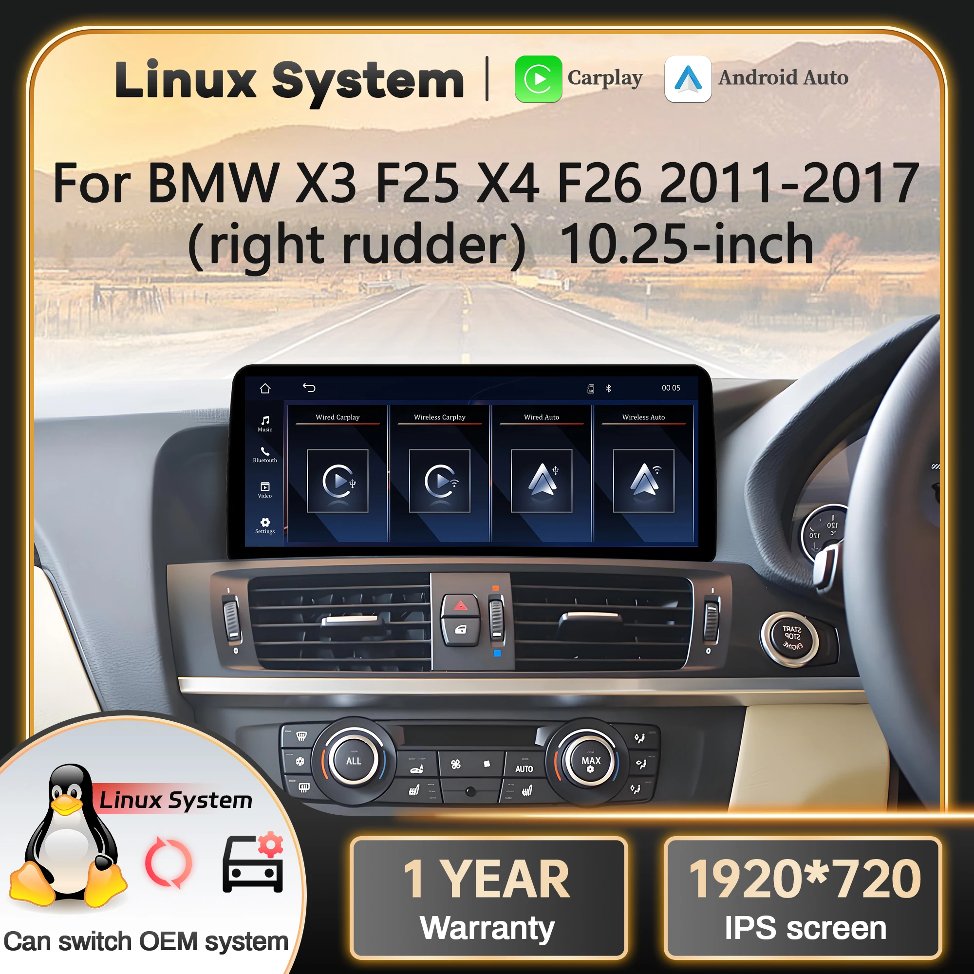 For BMW X3 F25 X4 F26 2011-2017 Linux Multimedia Screen Wireless Bluetooth Carplay Android Auto Head Unit for Enhanced Car Ent