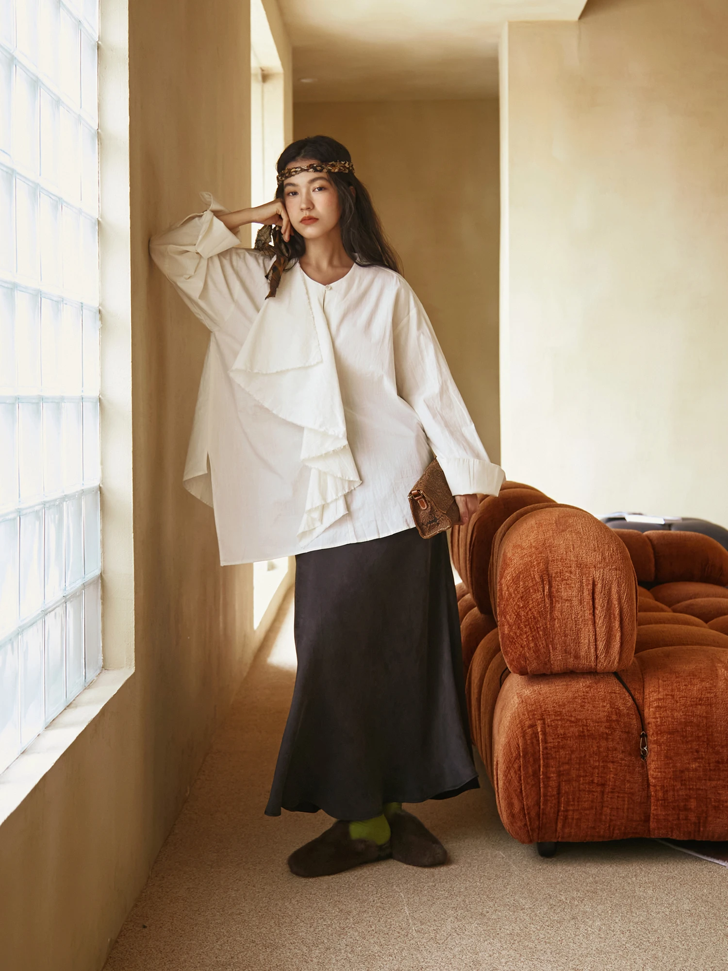 

Vimie асимметричный дизайн Long Sve Midi irt женский свободный крой из хлопка дышащий удобный повседневный Ele Sle