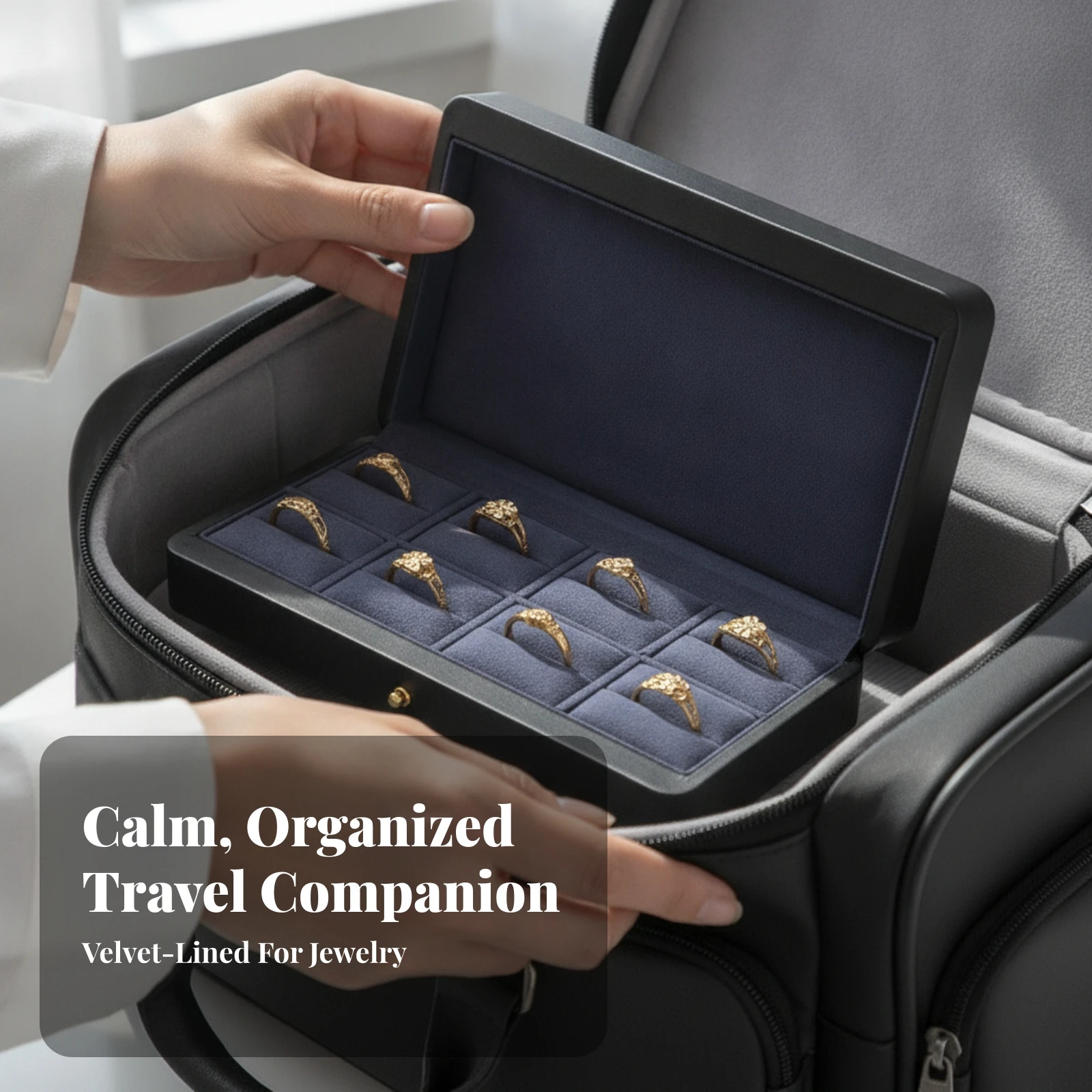 Finger Jewelry Display Case Velvet-Lined Finger Jewelry Storage Box Jewelry Box with Partitions Hinged Lid for Dresser, Travel