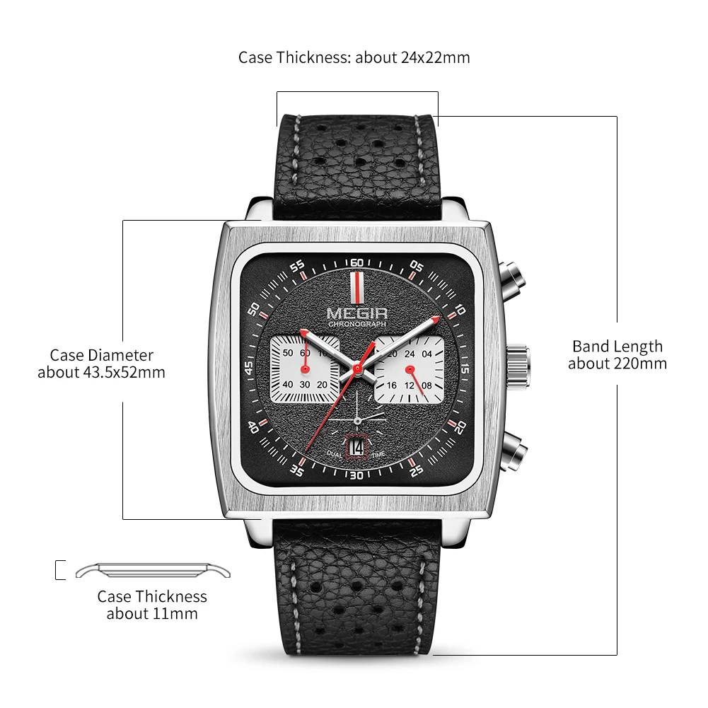 MEGIR Analogue Watch Men Fashion Rectangle Chronograph Quartz Military Watches Waterproof Luminous Leather Strap Wristwatch 2182