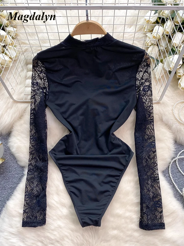 Magdalyn Women Sexy Solid Floral Lace Jumpsuit Long Sleeves Stand-up Collar Push Up Bodycon Bodysuits Hollowed Lace-up Rompers