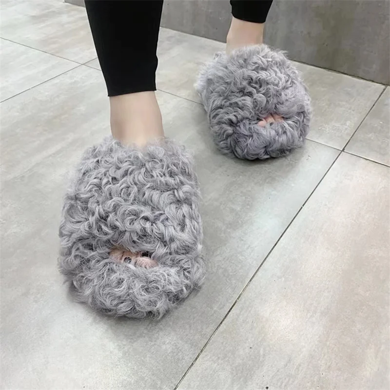 

Winter Wool Slippers 2022 Fashion Soft Warm Comfortable Flat Fur Slippers Brand Designer Casual Wear Loafers Mule Flip-Flops