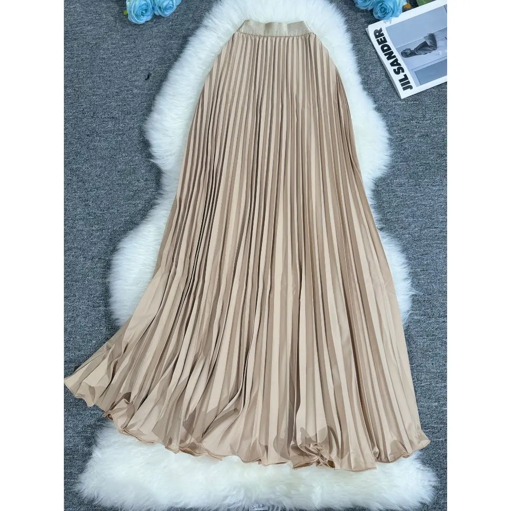 

High Waist Slimming Pleated Skirt 95cm Wavy Edge European And American Style All-match Commuter Long Skirt for Women