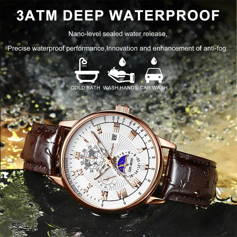 POEDAGAR Fashion Chronograph Quartz Watch for Men Leather Strap Waterproof Multifunctional 24 Hour Calendar Luxury Mens Watches