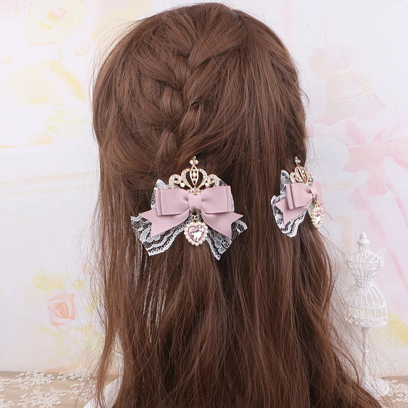 Kawaii Lo Bow Hair Accessrespiration, Médiateur dress for Girls, Sweet Cute Bow, Crown, bal inestone Side réinitialisation, Lolita Lace Hairpin, Women's réinitialisation