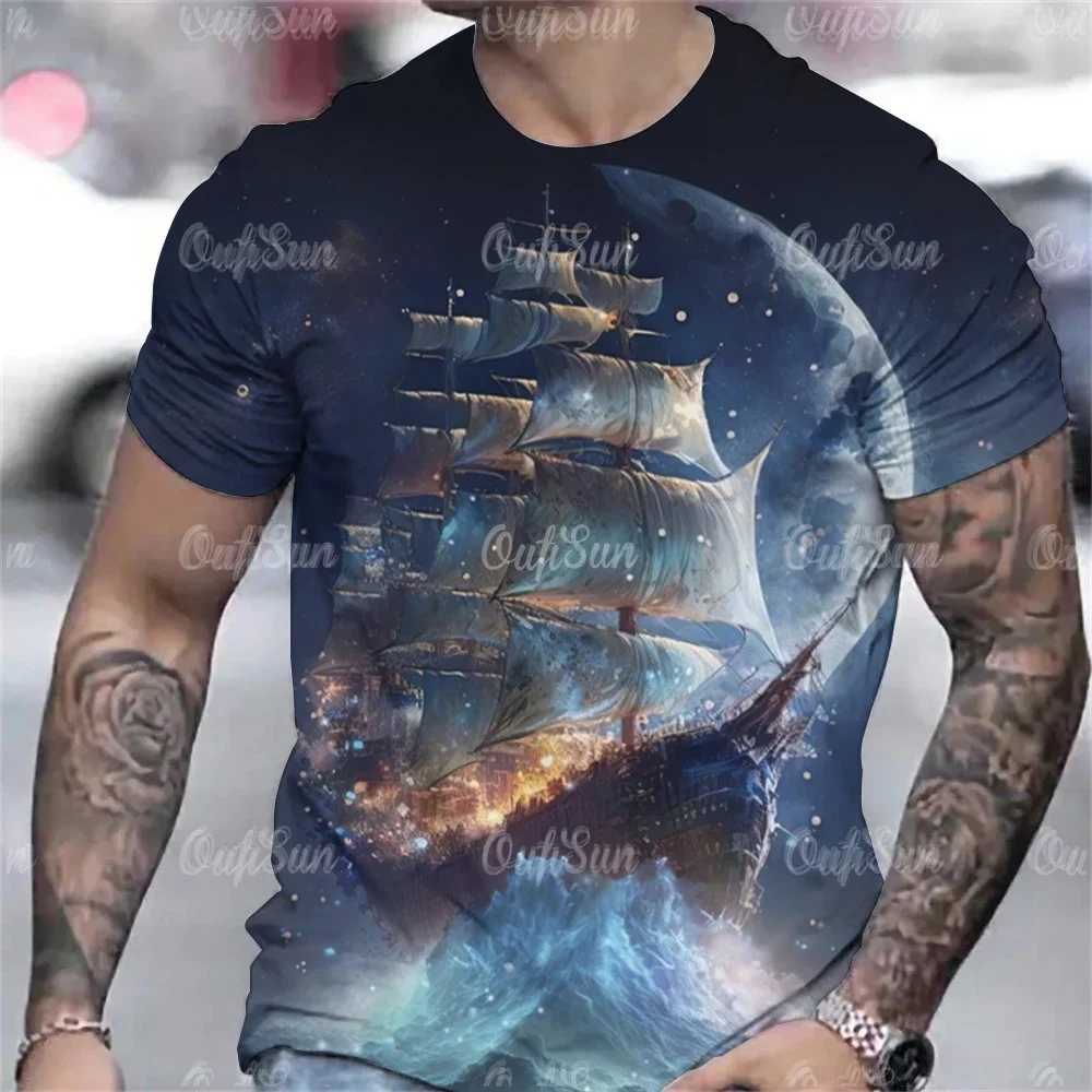 Navigation 3D Printing Fashion Men\'s Clothing Street Casual Short Sleeved Loose Plus Size T-shirt Trend Pullover